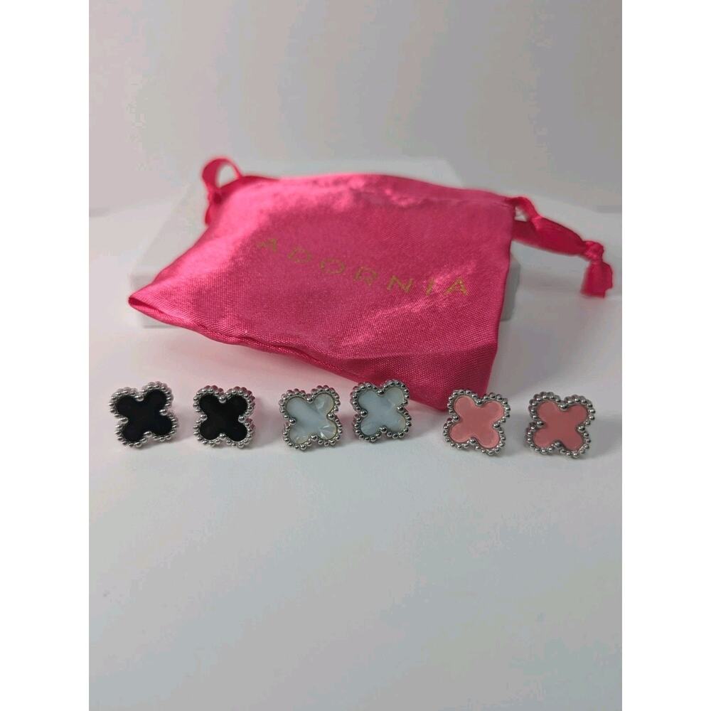 Adornia Set 3 Clover Stud Earrings Silver Pink Black White 14k Gold or Rhodium